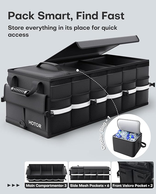 HOTOR Car Trunk Organizer - Trunk Organizer for SUV with Removable Cooler Bag, Foldable Cover, 3 Compartment Car Storage Essential Car Accessories for Truck, Van & Sedan, Black, 33.1" x 12.6" x 11.0"