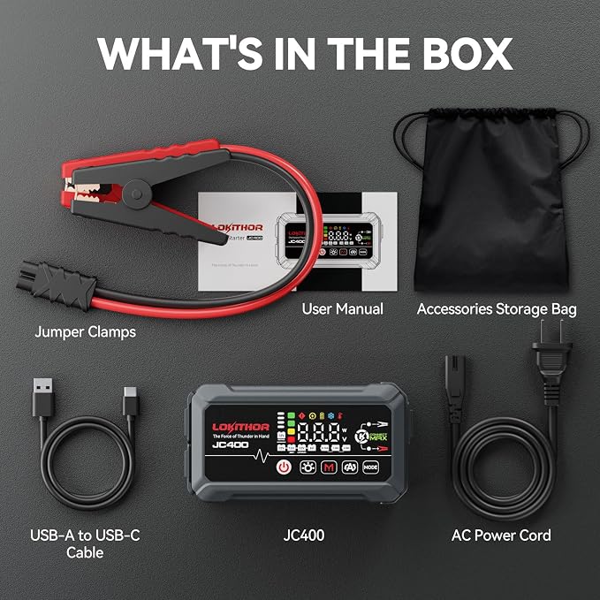 LOKITHOR JC400 9-in-1 Battery Charger and Jump Starter, 2500A 12V Portable Jump Box for Car Upto 8.5L Gas/6.5L Diesel, 750mA/1A/2A, 6V/12V Automotive Battery Maintainer, Trickle Charger and Desulfator