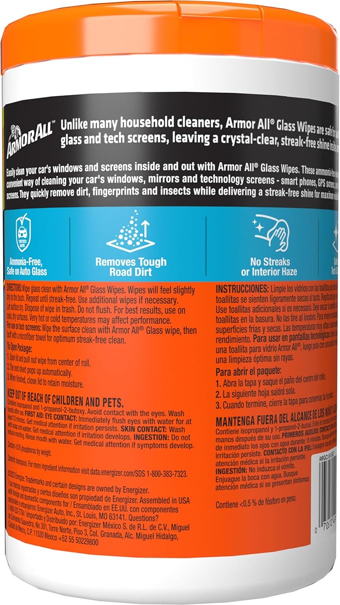 Armor All Car Glass Wipes by Armor All, Auto Glass Cleaner for Film and Grime, 90 Count (Pack of 6)