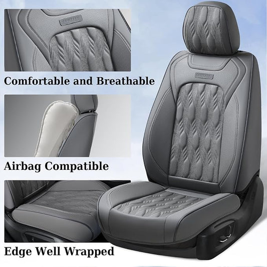 Coverado Car Seat Cover Full Set, Waterproof Front and Back Seat Covers for Cars, 5-Pack Leather Seat Covers, Car Seat Protectors, Driver Seat Cushions Fit for Most Vehicles Gray