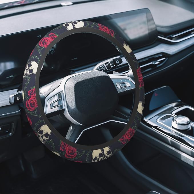 Car Steering Wheel Cover, 14.5"-15" Inch Universal Anti-Slip DurableSteering Wheel Protective Cover, Breathable Auto Interior Decoration Accessories for Sedan SUV Truck (Roses and Skulls)