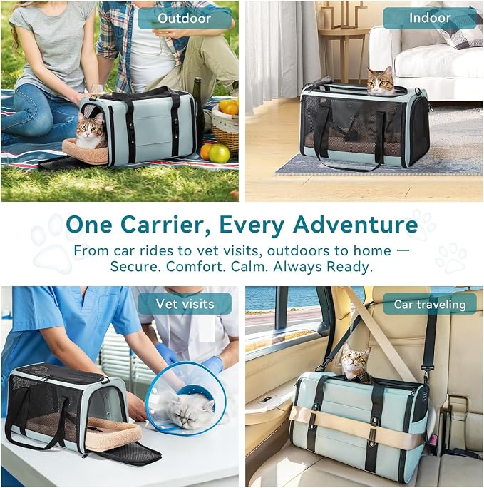 PETSFIT Large Cat Car Carrier with Patented Safety Buckles(19 x 12 x 12) β Roomy Escape-Proof for Safe Driving, Lockable Zippers & Safety Tether, Soft-Sided Travel Carrier for Road Trips & Vet Visits
