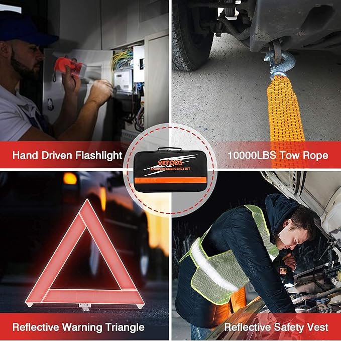Vetoos Car Roadside Emergency Kit with Jumper Cables, Auto Vehicle Safety Road Side Assistance Kits, Winter Car Kit for Women and Men, with Portable Air Compressor, Tow Rope, Multitool Plier