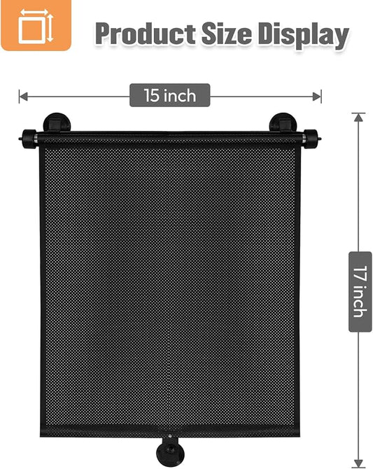 2 Pack Car Side Window Sun Shade - Retractable Car Roller Sunshadewith Reinforced Suction Cups, Drop Down UV Interior Sunshade, Stroller Window Sunshade (15" x 17")
