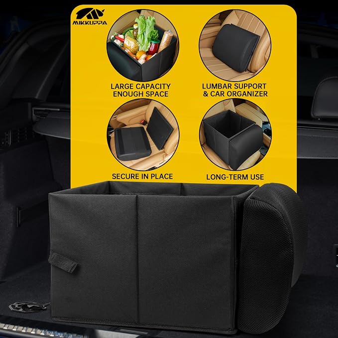 MIKKUPPA Car Seat Organizer & Lumbar Support - 33L Collapsible Front & Back Seat Organizer with Removable Back Support Pillow, Car Storage for SUV Auto Truck Van