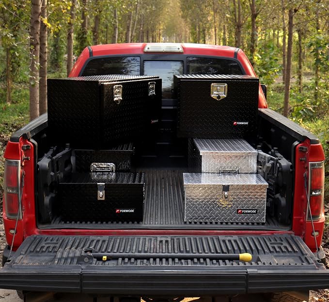FORWODE 39 Inch Aluminum Truck Tool Box Lockable Truck Bed Tool Box Waterproof Truck Bed Storage Box with Gas Struts & Side Handle Truck Tool Chest for Pickup, Truck Bed, RV, Trailer & Garage (Black)