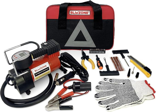 Blikzone Portable Tire Inflator, Flat Tire Repair Kit & Car Air Compressor Tire Inflator with Digital LCD Display, Auto Shut-Off, 12v air compressor, 120 PSI, 25 LPM