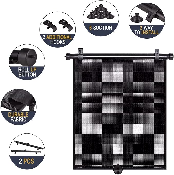 2 Pack Large Car Side Window Sun Shade for Baby, Retractable Roller Car Window Shades UV Protection, Clip-On Sunshade for SUV Truck Rear Side Window, 18" x 20" Vehicle Sun Protection Shade