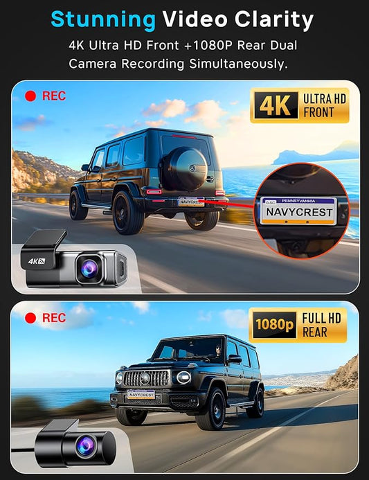 Navycrest 4K Dash Cam Front and Rear, Built-in 5G WiFi, Dash Camera for Cars 4K Front and 1080P Rear, Dashcams for Cars Loop Recording, Gravity Sensor, 24-Hours Parking Mode, SD Card NOT Included