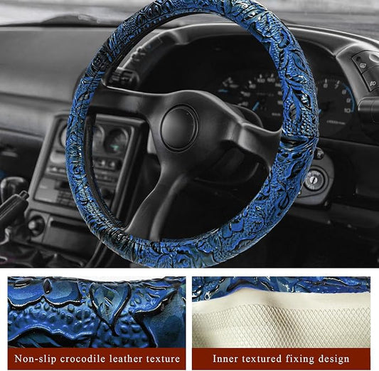 Leather Car Steering Wheel Cover, 15" Crocodile Pattern Anti Slip Car Wheel Wrap with Rose Grain, Four Seasons Universal Auto Steering Wheel Protector for Cars Trucks SUVs (Blue)