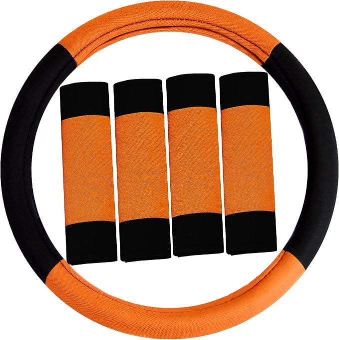 FH Group Car Seat Covers Combo Full Set with Carpet Floor mats Steering Wheel Cover and Seat Belt Pads- Universal Fit for Cars Trucks and SUVs (Orange)