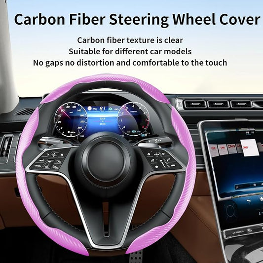 Carbon Fiber Steering Wheel Cover, 3-Piece Set Anti-Skid Comfortable Grip Segmented Butterfly Design, Easy Snap-On Installation Universal Fit 99% Cars, Pink