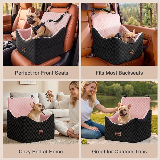 JOEJOY Elevated Dog Car Seat for Small/Medium Dogs up to 35 lbs, Memory Foam Booster Seat with Detachable Washable Cover, Travel-Safe Car Bed with Safety Belts & Storage Pockets, Pink
