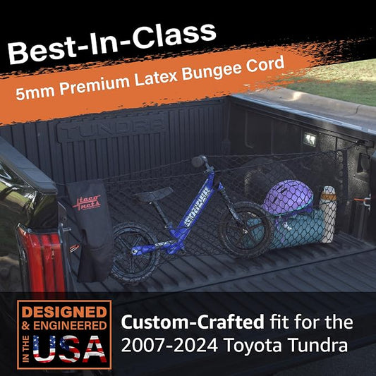 TacoNets Envelope Cargo Net for Toyota Tundra - Fits 2007-Current - Patented Bed Rail Integration - Upgraded 5mm Bungee - Integrated Storage Bag - Heavy Duty Carabiners - Designed in USA