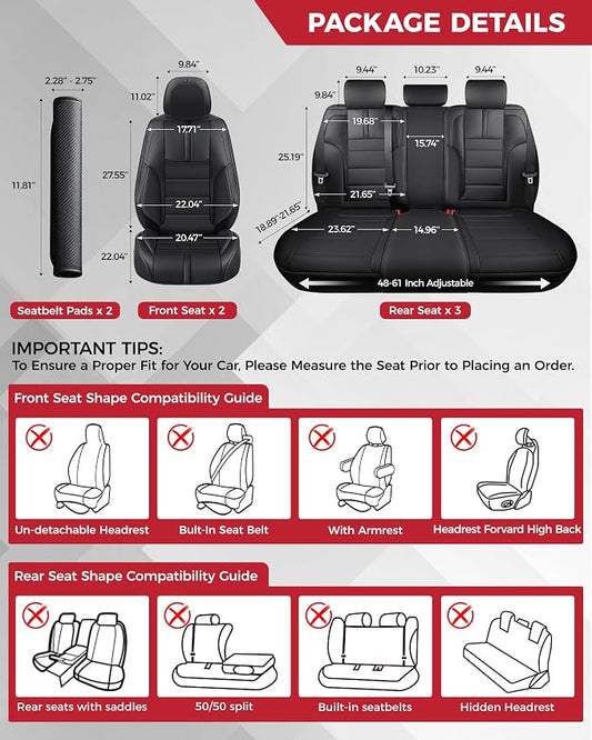 FREESOO Universal Full Seat Covers, Waterproof Faux Leather Automotive Seat Covers with Carbon Fiber Texture Seat Belt Pads, Anti-Slip Airbag Compatible Car Seat Covers for Cars SUVs Trucks