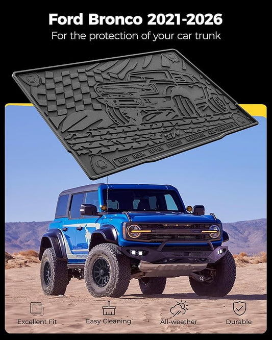 3W Cargo Liner Custom Fit for 2021-2025 2026 Ford Bronco 4 Door, All Weather TPE Heavy Duty Truck Car Mat Accessories Fit for Bronco Trunk Mat, Black (Not for Bronco Sport)