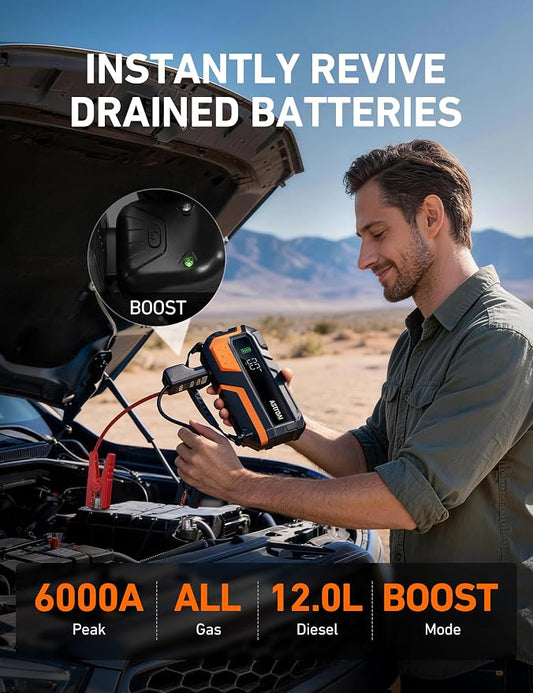 AstroAI M10 6000A 150PSI Car Jump Starter with Air Compressor - 12V Portable Battery Booster (All Gas/12.0L Diesel), Smart Tire Inflator, Heavy-Duty Jumper Cables, Power Bank, LED Light, Storage Case