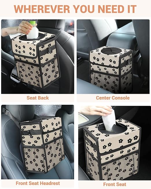 Capolo Car Trash Can with Lid, Leakproof Car Trash Bag Hanging Waterproof Automotive Garbage Can with Storage Pockets Mini Vehicle Trash Bin for Back/Front Seat(Black Flower,2.5 Gallon)