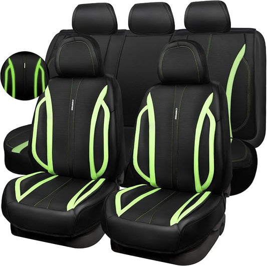 CAR PASS Fluorescent Green & Nappa Leather Seat Covers Full Set, with Backrest Cushion Protector Waist Protection Universal Fit for SUV Pick-up Truck, Automotive Vehicle Interior (Black Green)
