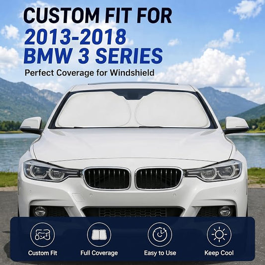 Custom Fit Windshield Sun Shade for BMW 3 Series 2013-2018 | Custom Fit Windshield Cover, Blocks UV Rays, Double-Layer Heat Shield, Durable Frame, Easy Fold & Storage