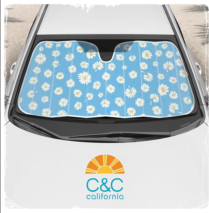 Carbella Blue Daisy Car Windshield Sun Shade - Sun Visor Sunshade for Car Windshield - Window Shades for Cars, SUV & Truck - Dash Cover UV Protection for Front Window Shade Accessories - 57" x 27"