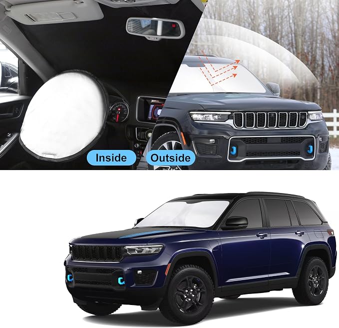 TINGLU Sun Shade for Jeep Grand Cherokee 4XE 2024 Accessories Windshield Sun Shade Window Shade UV Rays Protection Sun Visor Cover with Steering Wheel Sunshade Storage Bag