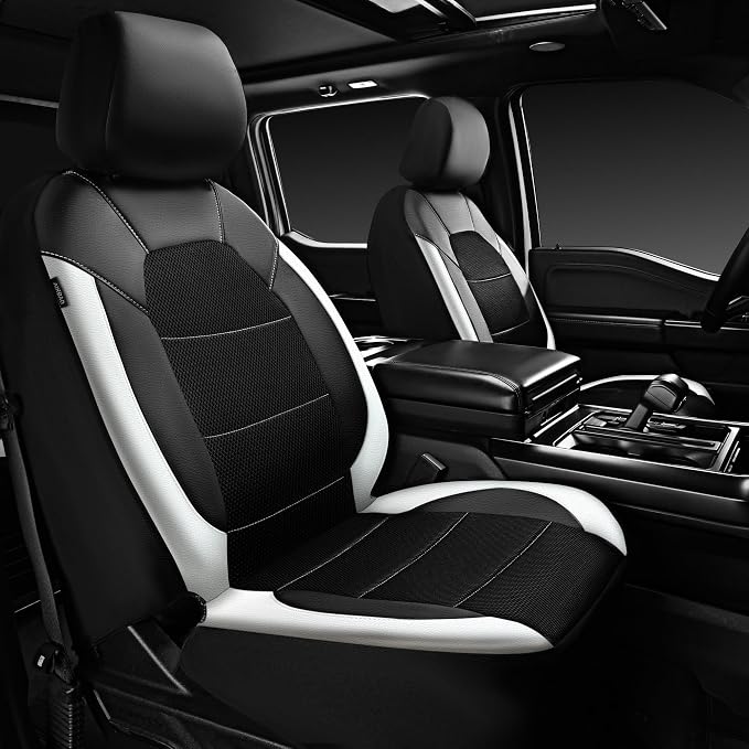 CAR PASS Universal Front Leather Car Seat Covers with Sporty Design, Breathable All Season Easy to Clean Anti-Slip Wear-Resistant Automotive Seat Covers Fit for Most Cars, SUVs, Trucks, Black & White