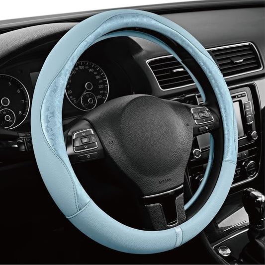 PIC AUTO Steering Wheel Cover, Light Blue Patterned Leather Patchwork Design, Universal Fit 14.5"β15.5", Anti-Slip, Odor-Free, Soft PU Grain Leather, Durable Grip Car Accessory for Girls & Women