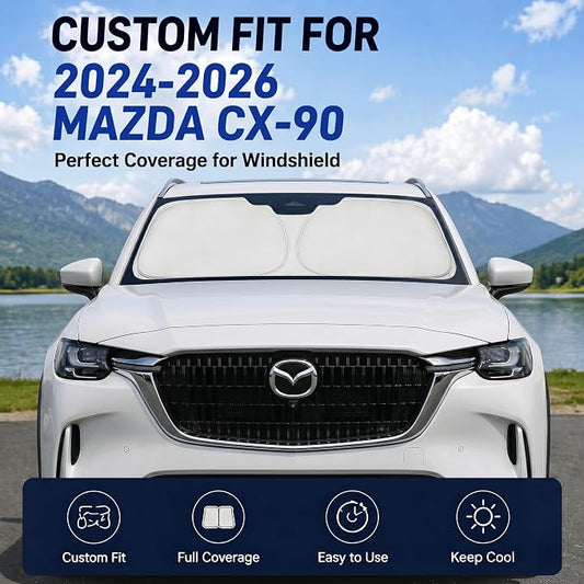 Custom Fit Windshield Sun Shade for Mazda CX90 CX-90 2024-2026 | Custom Fit Windshield Cover, Blocks UV Rays, Double-Layer Heat Shield, Durable Frame, Easy Fold & Storage