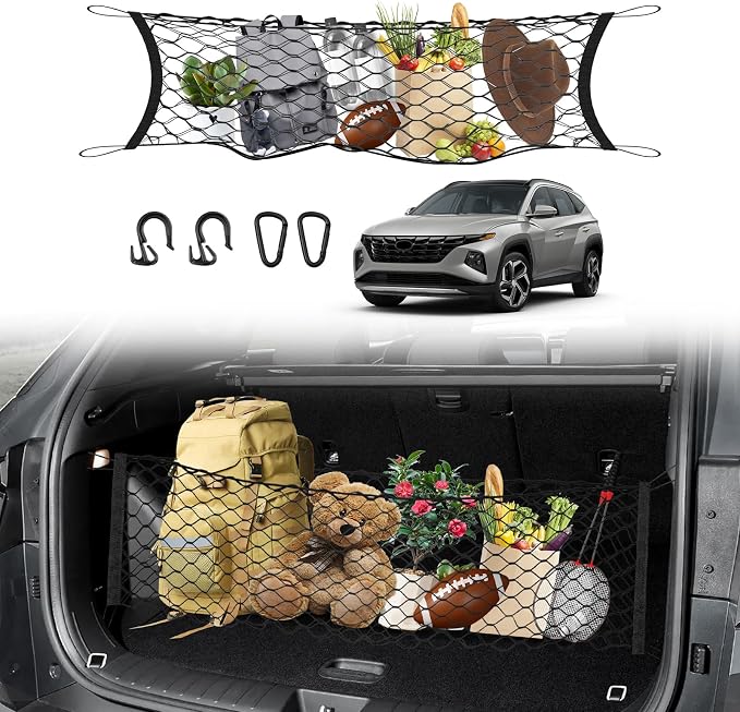 Karltys Envelope Style Cargo Net for Hyundai Tucson 2026 2025 2024 2023 2022 Accessories, Adjustable Elastic Rear Trunk Cargo Net, Heavy Duty Nylon Mesh Storage Netting Organizer