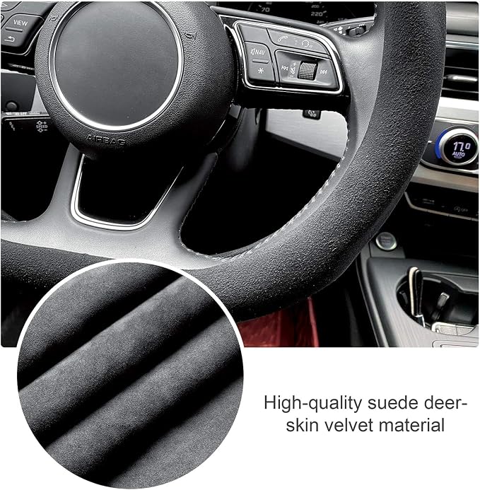 Carodi Suede Steering Wheel Cover , Non-Slip Leather Car Interior Fitting 15-inch Universal(D-Shape,Black)