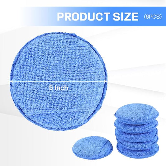 Hovom 6PCS Microfiber Wax Applicator, 5" Round Applicator Pads, Soft Automotive Waxing Foam Pads, Buffing Pads for Car Cleaning, Polishing and Detailing, Reusable Car Wash Sponge (Blue)