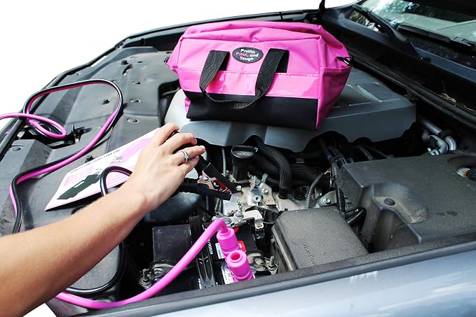 Pretty Pink Roadside Kit - Pink Emergency Kit for Teen Girls and Women - Car Accessories for Women - Durable Carry Bag with Long Jumper Cables, First Aid Kit, Emergency Tools, 5 Year Warranty