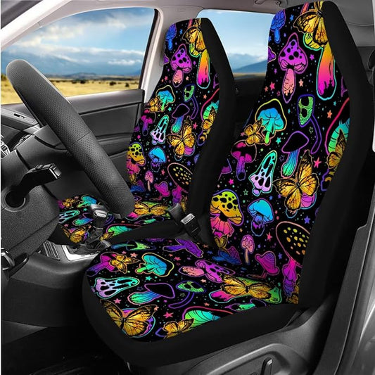 14 Pcs Mushroom Car Seat Covers Full Set with Auto Steering Wheel Cover Armrest Cushion Protector Seat Belt Covers,Rianbow Mushroom Auto Accessories,Universal Fit Cars SUV Trucks