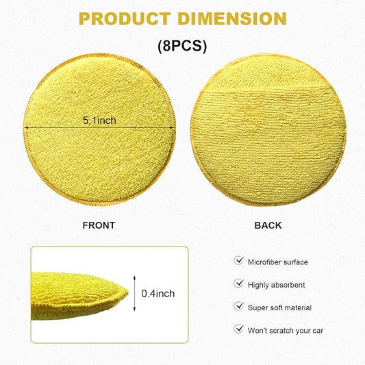 8PCS Microfiber Wax Applicator Pads, 5 Inch Round Car Wash Sponge Cleaning Tools with Finger Pocket, Scratch-Free Ultra-Soft Foam Bulk for Fine Polishing Detailing Waxing (Yellow)