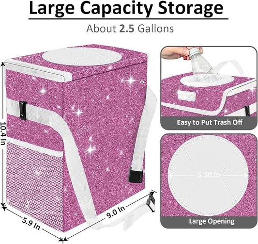 Cute Mini Car Trash Bag with Lid, Glitter Garbage Can Bin Hanging for Back/Front Seat/Console, Waterproof, Leakproof, 2.5 Gallon, Purple Bling Sparkly