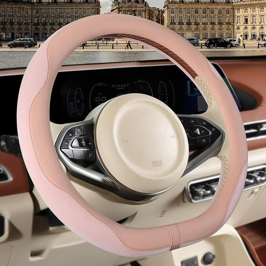 Nappa Leather Pink D Shape Steering Wheel Cover, Advanced Microfiber Leather Non-Slip Breathable Fabric, Warm in Winter and Cool in Summer, Universal 15 inch