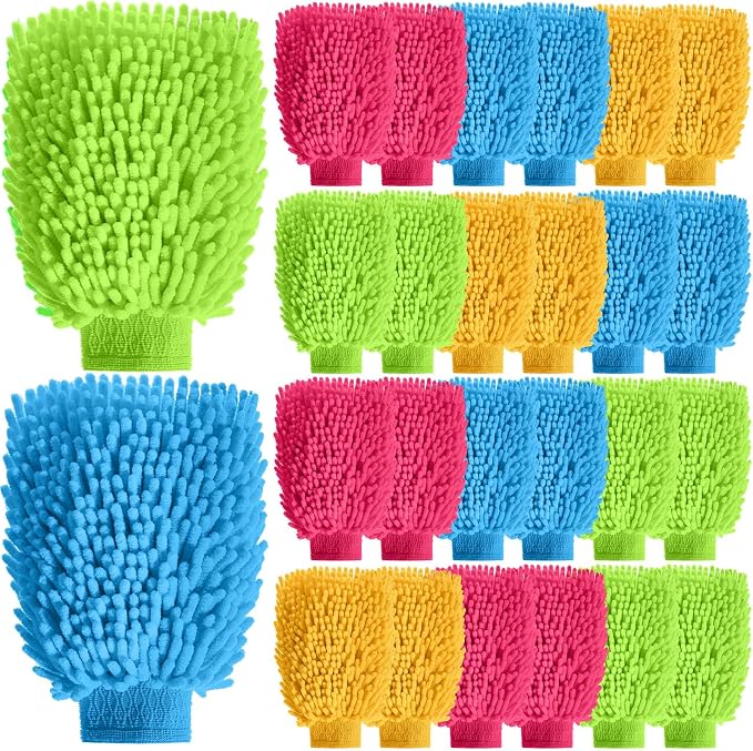 24 Pack Car Wash Mitt Bulk Microfiber, 10'' x 8'' Chenille Car Wash Mitt Gloves, Scratch Free Double Sided No Lint No Marks for Truck SUV and All Vehicle Surfaces (4 Colors)