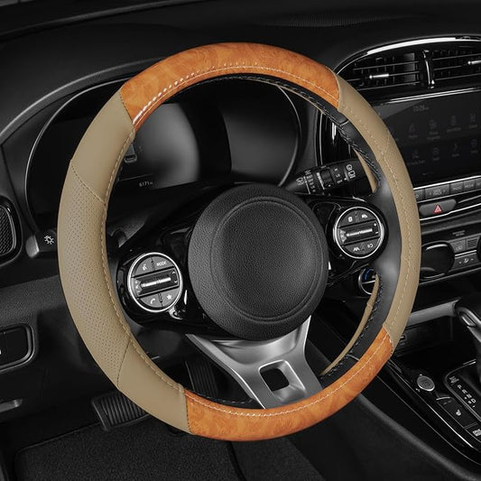BDK BurlwoodLux Wood Grain and PU Leather Beige Steering Wheel Cover - Sport Grip for Car Auto SUV Trucks
