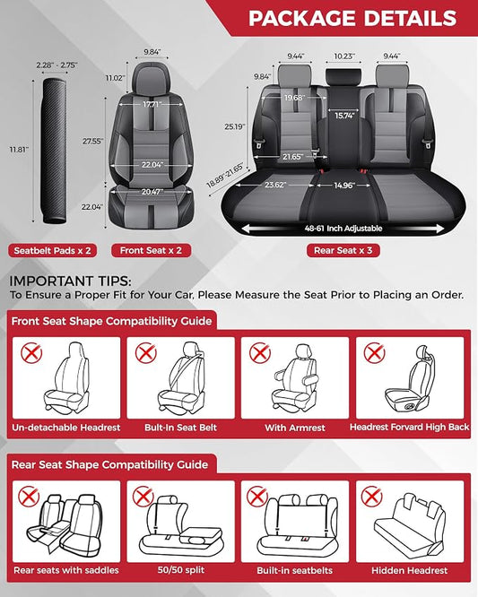 FREESOO Universal Full Seat Covers, Waterproof Faux Leather Automotive Seat Covers with Carbon Fiber Texture Seat Belt Pads, Anti-Slip Airbag Compatible Car Seat Covers for Cars SUVs Trucks