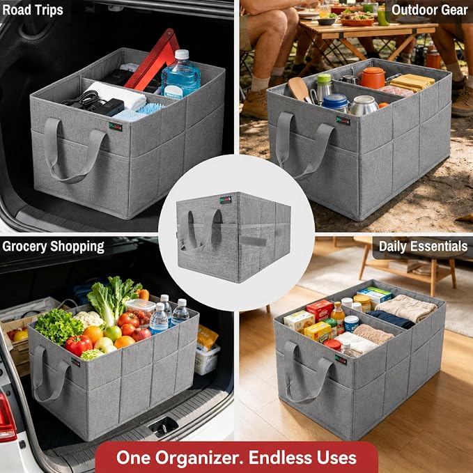 PAT SAM'S Car Trunk Organizer for SUV, Foldable Collapsible Storage Organizer with Dividers, Non-Slip Waterproof 600D Oxford, Backseat & Trunk Storage for Groceries, Tools, Toys (Gray)