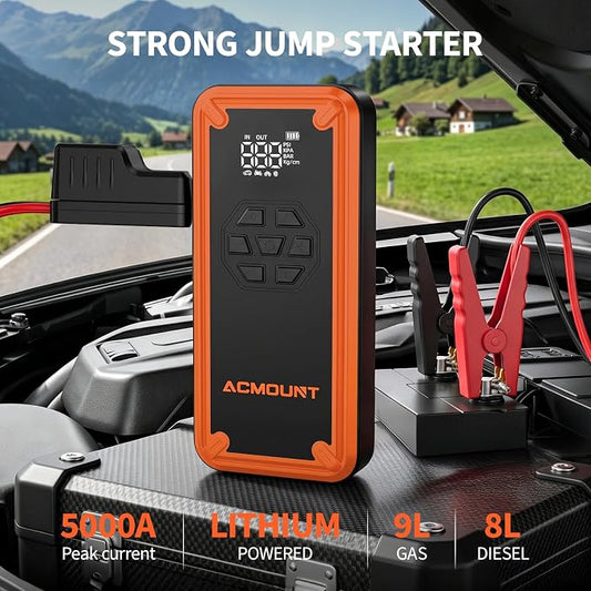 W160 Jump Starter with Air Compressor, 5000A Portable Car Jump Starter 150PSI Tire Inflator/Air Pump, 12V Battery(Up to 9L Gas/8L Diesel Engine) Jump Pack Car Emergency Kit Idea Gift for Man (Orange)