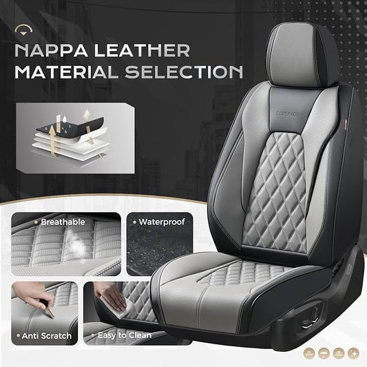 Coverado Car Seat Covers for Cars, Waterproof Automotive Seat Protectors, Leather Car Seat Covers Full Set, 5 Seats Driver Protectors Universal Fit for Cars SUVs, Trucks, Car Accessories - Black&Gray