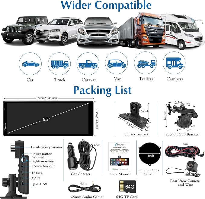 Carpuride W903 Wireless Carplay & Android Auto with Dash Cam - 9.3" HD IPS Touch Car Play Screen for Car, 4K Front & 1080P Rear Camera, Loop Recording, Bluetooth Audio, Mirror Link, GPS