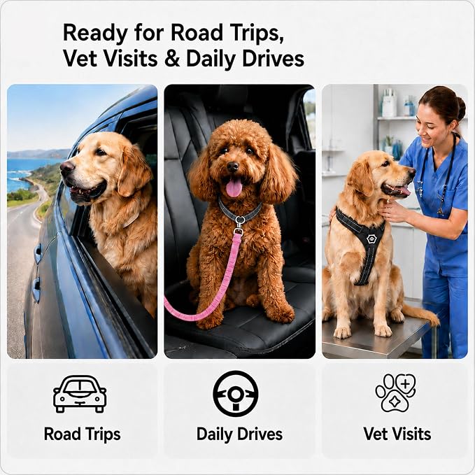 Dog Seat Belt 2Pcs, Retractable Pet Car Harness, Adjustable Dog SeatBelts for Vehicle, Nylon Pet Safety with Elastic Bungee