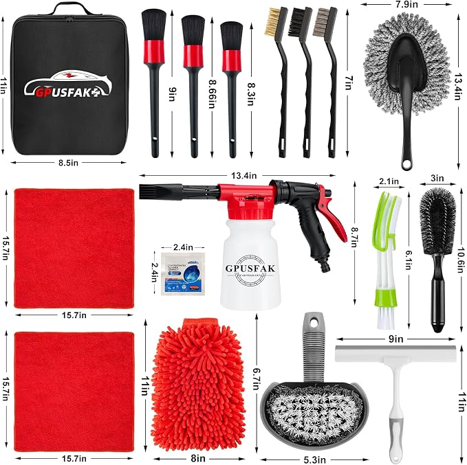 26Pcs Car Wash Cleaning Kit with Foam Gun Sprayer Detailing Brushes Window Water Scraper Tire Brush Towels Complete Interior Exterior Detailing Set for Car