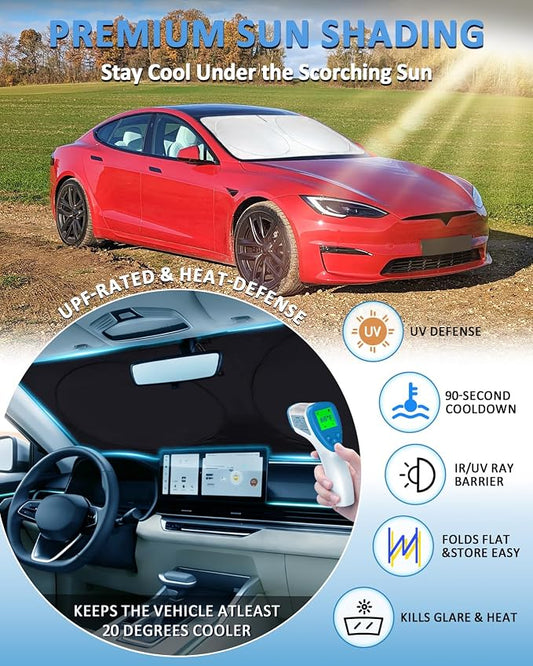 Windshield Sunshade Sun Shade Custom Fit for 2012-2023 2024 2025 Tesla Model S Accessories (Fit Long Range/LR Model) Window Shield Cover for Model S Foldable Sun Visor Blocks UV Rays Car Accessories