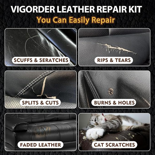 Vigorder Leather Repair Kit for Furniture, Vinyl Repair Kit for Furniture, Sofa, Jacket, Purse โ Super Easy Instructions to Fix Scratches, Tears, Holes, and Peeling (Black)