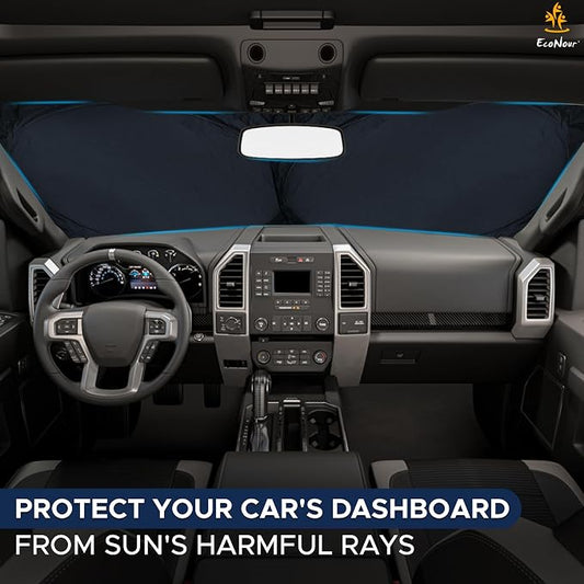 EcoNour Truck Windshield Sun Shade with Storage Pouch | Reflective 240T Material Sun Shield for UV & Heat Protection | Foldable Windshield Cover | Must-Have Truck Accessories | X-Large (69"x35")
