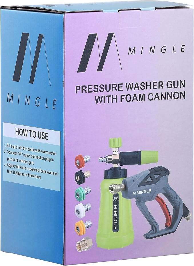 M MINGLE High Pressure Washer Gun Snow Foam Lance, 4000 PSI Cannon Foam Blaster Power Washer with 1/4" Quick Connector, Car Wash Foam Cannon Kit with 5 Pressure Washer Nozzle Tips, 1 Liter